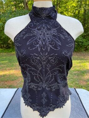 Cache Black Beaded Halter Top